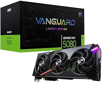 MSI GeForce RTX 5080 16G Vanguard SOC Launch Edition Graphic Card - NVIDIA GeForce RTX 5080 GPU, 16GB GDDR7 256-bit Memory, 30 Gbps, PCI Express Gen 5 Interface, Upto 2730 MHz, STORMFORCE Fan