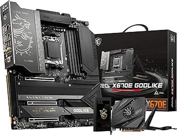 MSI MEG X670E GODLIKE Gaming Motherboard, AMD Ryzen 7000 Series, E-ATX, 4X DDR5~128GB, 2X PCIe 5.0 x16, 1x PCIe 5.0 x1, 4X M.2 Gen5, 6X SATA 6Gb/s, 2X USB 2.0, 8X USB 3.2, USB-C, Wi-Fi 6E, BT 5.2