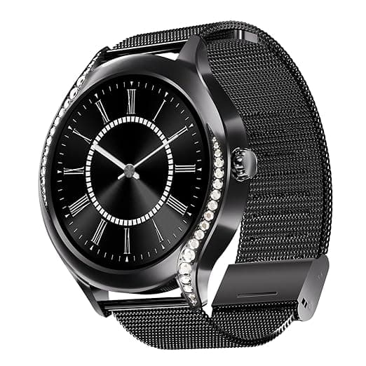 boAt Enigma Gem Women's Luxury Smart Watch w/ 1.19” (3.02cm) AMOLED Display, Emergency SOS Live Location Sharing, Watch Face Studio, QR Tray, BT Calling, 700+ Active Mode, HR & SpO2 (Metallic Black)