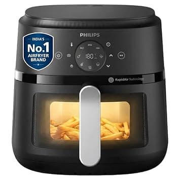 PHILIPS Air Fryer NA231/00 with touch panel, 6.2 Litre, Extra Large | with touch panel, uses up to 90% less fat, 1700W, with Rapid Air Technology (Black),Cooking window