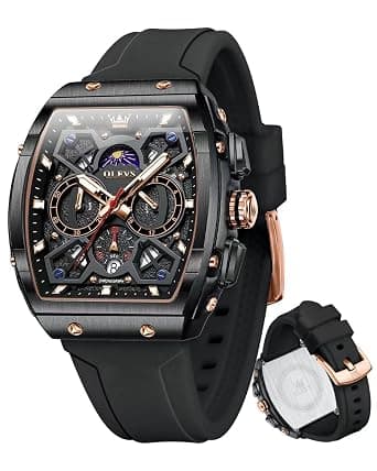 OLEVS Mens Watches Original Chronograph Analog Quartz Watch Multifunction Waterproof Calendar Silicon Strap Fashion Square Watch for Man