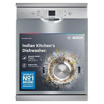 Bosch 13 Place Setting (fits up to 70 utensils) Free-Standing Dishwasher for Indian Utensils | Hygiene+ & Intensive Kadhai Program (SMS66GI01I, Silver Inox, Removes 99.9% Germs, Inbuilt Heater)