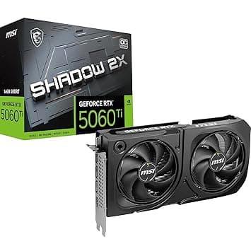 MSI GeForce RTX 5060 Ti 16G Shadow 2X OC Plus Graphic Card - NVIDIA GeForce RTX 5060 Ti GPU, 16GB GDDR7 128-bit Memory, 28 Gbps, PCI Express Gen 5 x16 Interface, Upto 2602 MHz, STORMFORCE Fan
