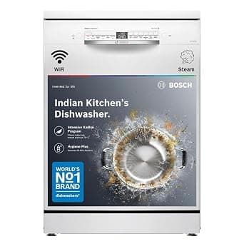 Bosch 14 Place Setting Free Standing Dishwasher for Indian Utensils, WiFi Enabled, Intensive Kadhai Program, Inbuilt Heater, Fits Up to 80 Utensils, White (SMS6IKW01I)