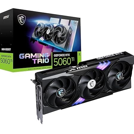 MSI GeForce RTX 5060 Ti 8G Gaming Trio OC Graphic Card - NVIDIA GeForce RTX 5060 Ti GPU, 8GB GDDR7 128-bit Memory, 28 Gbps, PCI Express Gen 5 x16 Interface, Upto 2647 MHz, STORMFORCE Fan