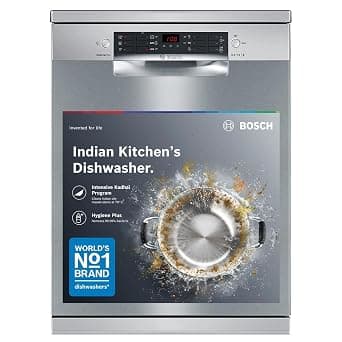 Bosch 15 Place Setting (fits up to 80 utensils) Free-Standing Dishwasher for Indian Utensils | Hygiene+ & Intensive Kadhai Program (SMS46KI03I, Silver Inox, Inbuilt Heater, Removes 99.9% Germs)