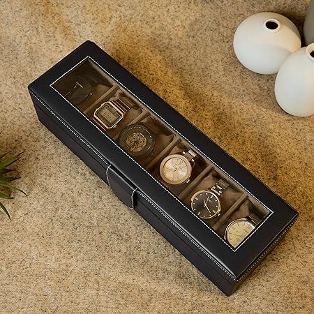 Leather World Faux Leather Wrist Watch Organizer Box Holder with Removable Pillows Display Case For Men & Women, Gift for Loved Ones - Black, 6 Slots